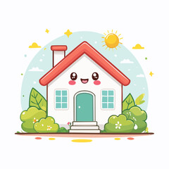 Adorable Cartoon House Illustration: Smiling Home with Sunshine and Greenery, Ideal for Children's Content