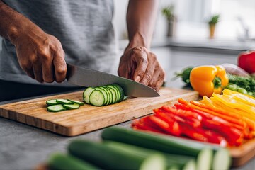 Close-up of person slicing cucumber