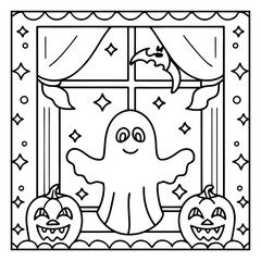 Ghost on the Dark Halloween Coloring Page – Spooky Haunted Night Scene with Ghosts, Pumpkins, and Bats Line Art for Kids and Adults. Halloween Coloring Pages