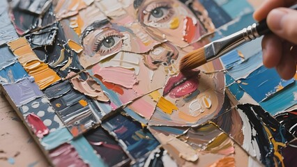 Artist painting a detailed, textured portrait using a brush and mixed media techniques.