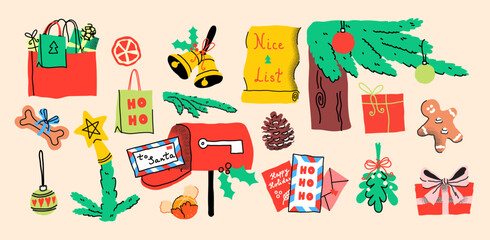 A whimsical collection of Christmas decorations and festive items. Creative festive accessories fill this set, featuring cozy seasonal symbols like wreaths, candles, and gifts