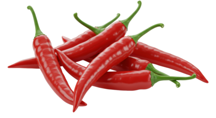 Six vibrant red chili peppers with bright green stems, glossy, fresh, and perfectly formed, meticulously arranged on a pristine transparent background, concept of bold ideas and impactful strategies