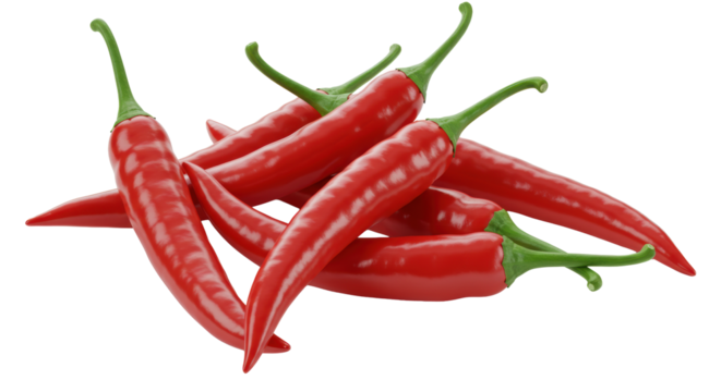 Six vibrant red chili peppers with bright green stems, glossy, fresh, and perfectly formed, meticulously arranged on a pristine transparent background, concept of bold ideas and impactful strategies
