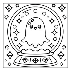 Ghost on the Dark Halloween Coloring Page – Spooky Haunted Night Scene with Ghosts, Pumpkins, and Bats Line Art for Kids and Adults. Halloween Coloring Pages