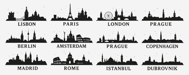 Vector set of famous European city skylines in black silhouette style