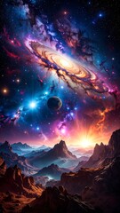 Cosmic landscape with planets and nebulae