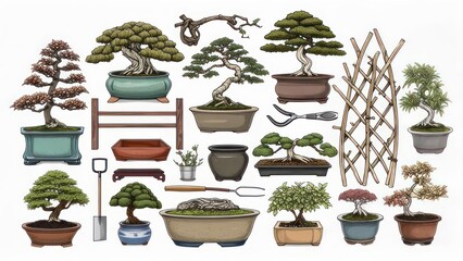 Bonsai Trees & Gardening Tools Collection. Japanese Miniature Plants, Pots, Pruning Shears, Shovel, Rake. Vector Set.