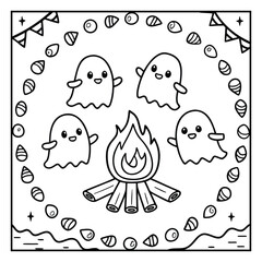 Ghost on the Dark Halloween Coloring Page – Spooky Haunted Night Scene with Ghosts, Pumpkins, and Bats Line Art for Kids and Adults. Halloween Coloring Pages