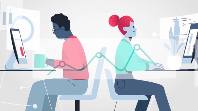 Office workers sitting back-to-back using computers in animated flat cartoon style illustration