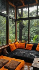 Fototapeta premium Rainforest Retreat: Cozy Cabin Interior with Lush Greenery Views