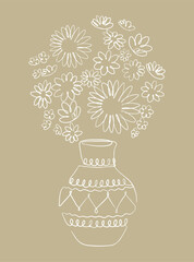  Flower vase with delicate white lines on a sand yellow background.