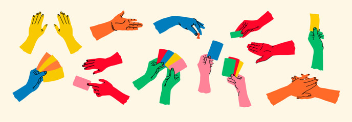A diverse collection of hands in various creative gestures. Human arms actively holding, gesturing, and communicating through visual cues.