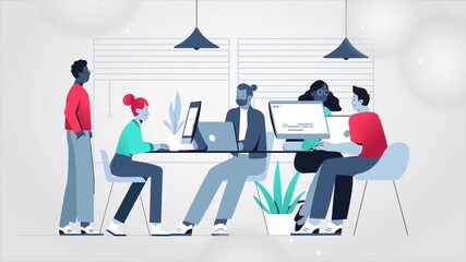 Team meeting and brainstorming in modern office in animated 2D flat design style - Powered by Adobe