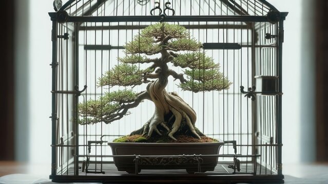 Bonsai Tree in Birdcage: Miniature Nature Confined, Artistic Indoor Plant Display