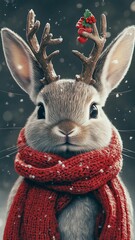 Winter Rabbit with Reindeer Antlers