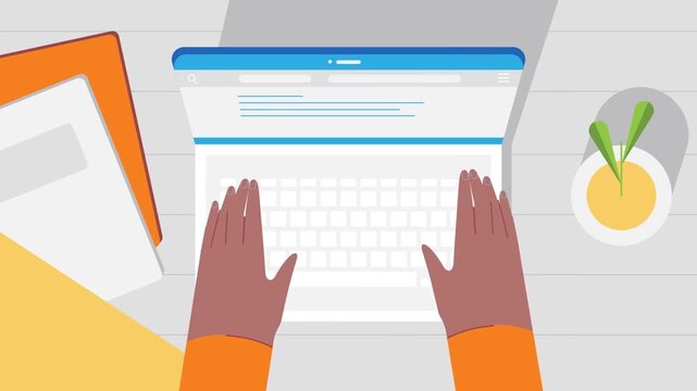  Typing on laptop keyboard in animated flat cartoon style