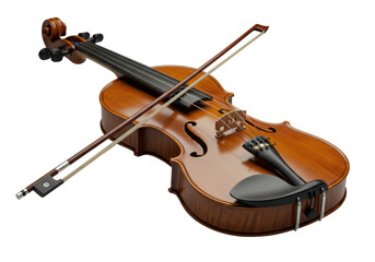 Fototapeta premium Pristine, detailed classical violin and matching bow, glossy, isolated on clean corporate neutral background, soft high-key studio lighting, concept of musical elegance and artistic excellence