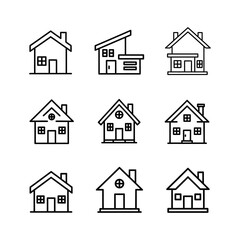 Fototapeta premium a grid of nine black and white line-art icons of houses. Each icon depicts a different style of single-family home, all with a simple, clean aesthetic.