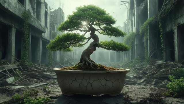 Resilient bonsai tree in a ruined urban landscape, symbolizing nature's endurance and hope amidst destruction.