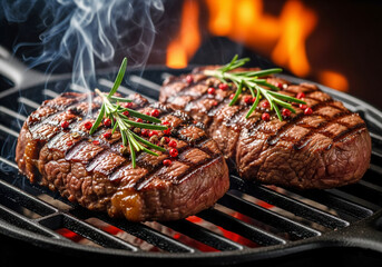 Mouthwatering beef steaks are prepared seasoned with rosemary and pepper on the on cast iron grill grate. AI-Generated