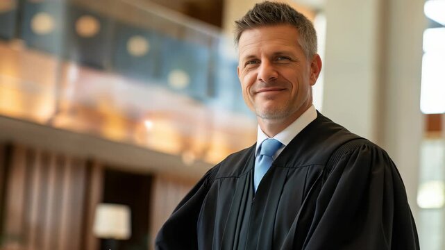 This portrait captures a subject in traditional judicial attire, set against a softly blurred backdrop, suggesting the interior of a courthouse or legal institution. The subject appears friendly and a