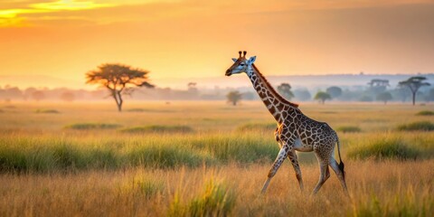 A young giraffe with brown spots walking in tall grass near a savannah landscape at sunrise
