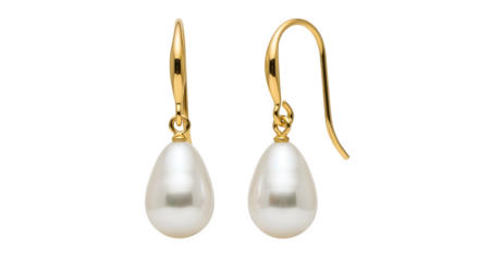 Teardrop pearl earrings with gold hooks, isolated on white background
