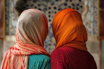 Two women wearing traditional islamic hijab standing in a mosque