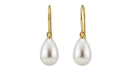 Teardrop pearl earrings with gold hooks, isolated on white background