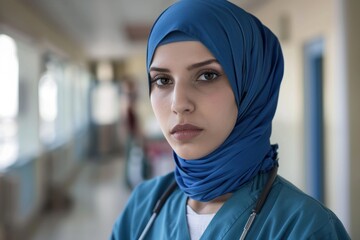 Young female medical professional wearing hijab and scrubs standing in hospital corridor
