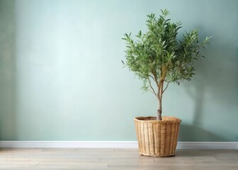 Fototapeta premium Modern Room with Green Olive Tree in Wicker Basket