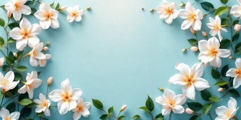 Naklejka premium Elegant symmetrical border of jasmine flowers with delicate leaves on a soft blue background, perfect for invitations, decorations, or nature-themed designs.