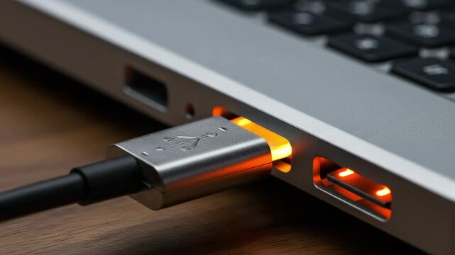 Close up of a usb cable plugged into a laptop port on a wooden surface showing connectivity and technology