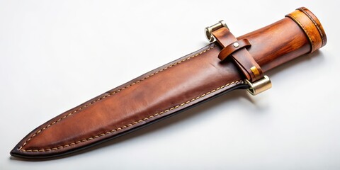Leather scabbard for dagger on white surface