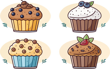 Muffin vector design in white background, Muffin logo design, Set of Muffin illustration vector design