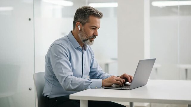 Man with gray hair wearing bluetooth headphones typing on a laptop in a brightly lit office