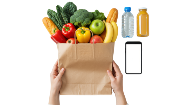 Clean hands present an unbranded brown paper grocery bag overflowing with vibrant fresh produce, pantry items, & smartphone on a white studio surface, concept of modern health