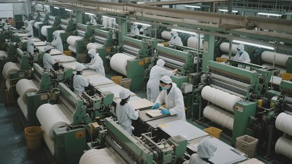 Naklejka premium Workers operating machinery in a textile factory, handling large spools of fabric.