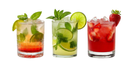 Set of three different summer cocktails with lime, mint, and strawberry, isolated on a white background