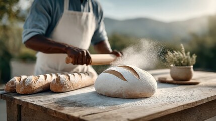 A baker rolling dough on a rustic table with loaves of bread nearby and a plant in the background.