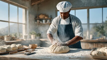 A baker kneads dough in a rustic kitchen, dusted with flour and sunlight streaming in through windows.
