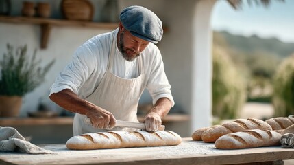 A baker slicing fresh bread loaves outdoors, surrounded by rustic d&eacute;cor and greenery.
