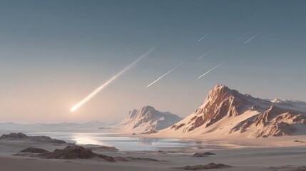 A beautiful desert landscape at sunset with shooting stars and majestic mountains.