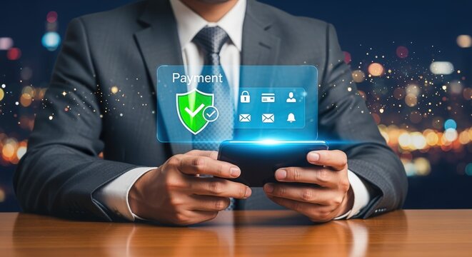 Secure Online Payment: Businessman Using Mobile Phone for Safe Transaction with Digital Shield Overlay - Powered by Adobe