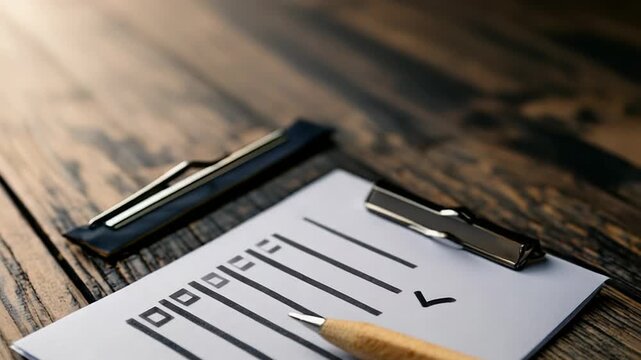 Checklist and pencil resting on wooden table with binder clip