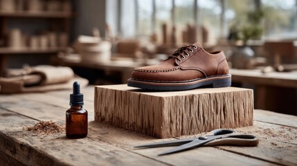 A brown leather shoe displayed on a wooden block in a workshop setting.