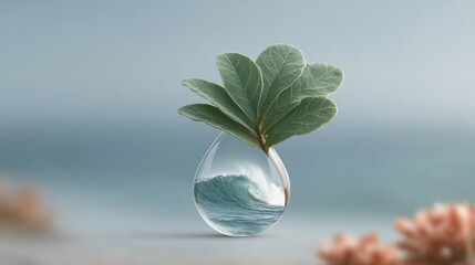 A clear droplet holds a wave and green leaves, symbolizing nature and water harmony.