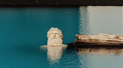 A classical sculpture head partially submerged in turquoise water beside a wooden log.