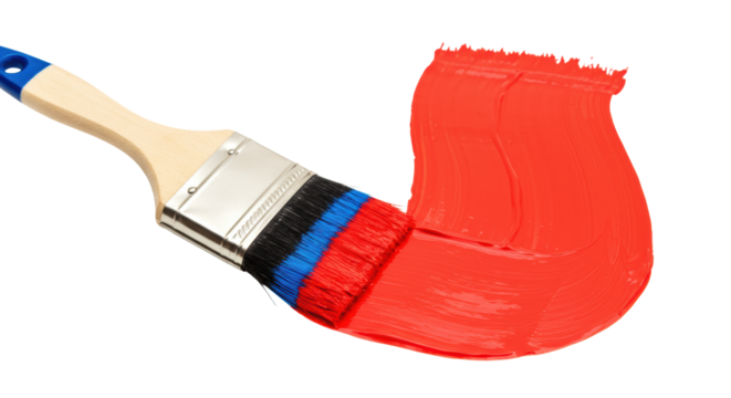 A professional-grade paintbrush with natural wood handle and black bristles applies a thick arc of bold paint on an immaculate white background, copy space. Concept of innovation and creativity
