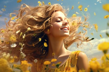 Beautiful smiling woman enjoying springtime with yellow flowers and long blond hair blowing in the wind
